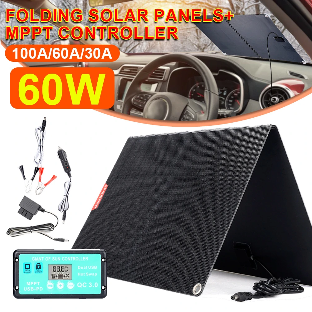 ETFF 12V 60W Folding Solar Panel 30A 60A 100A Waterproof Outdoor Battery Charger for Mobile Phones Power Bank Camera Tablet PC Car With PD QC3.0 MTTP Controller