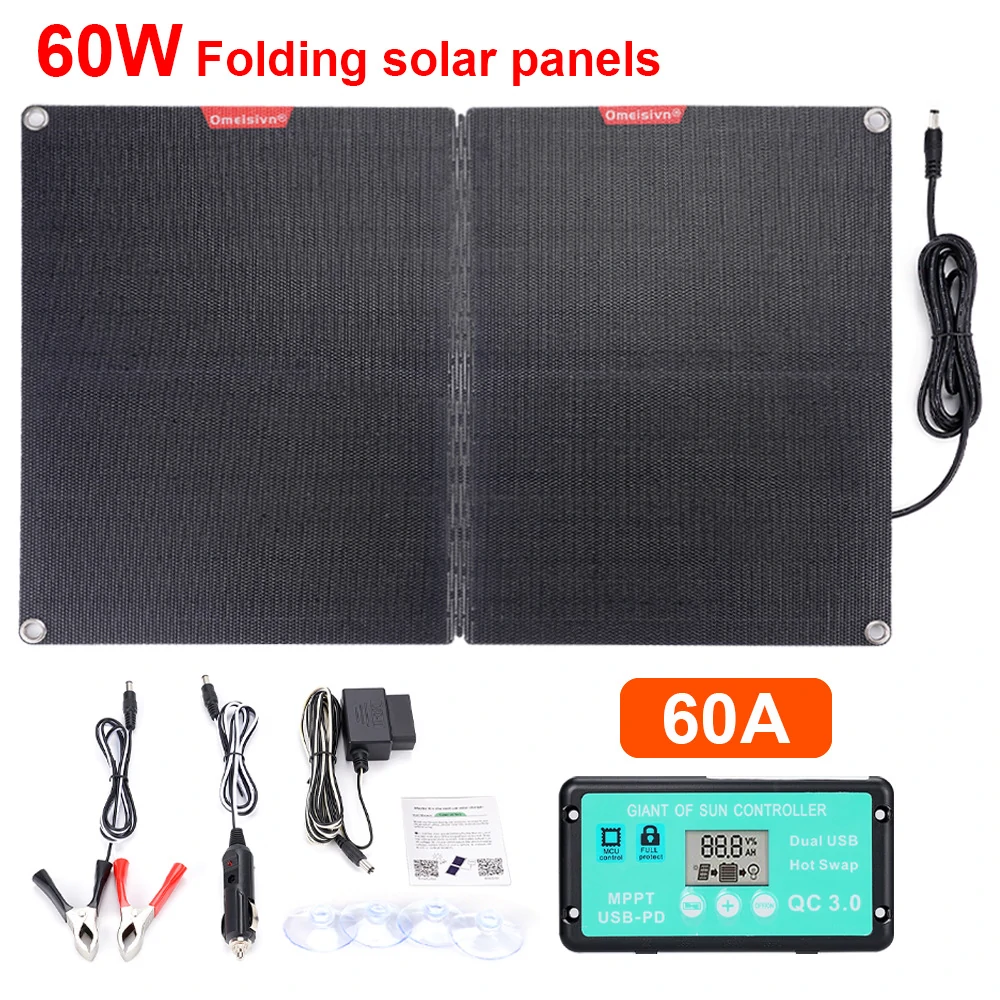 ETFF 12V 60W Folding Solar Panel 30A 60A 100A Waterproof Outdoor Battery Charger for Mobile Phones Power Bank Camera Tablet PC Car With PD QC3.0 MTTP Controller